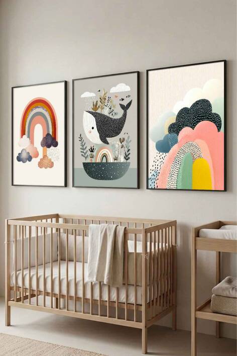 Boho Çocuk Odası Tablosu Gökkuşağı ve Balina Temalı 3'lü Set Çerçeveli Tablo Bebek Odası Duvar Dekoru - 5