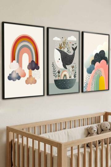 Boho Çocuk Odası Tablosu Gökkuşağı ve Balina Temalı 3'lü Set Çerçeveli Tablo Bebek Odası Duvar Dekoru - 4