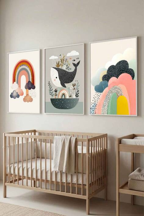 Boho Çocuk Odası Tablosu Gökkuşağı ve Balina Temalı 3'lü Set Çerçeveli Tablo Bebek Odası Duvar Dekoru - 2