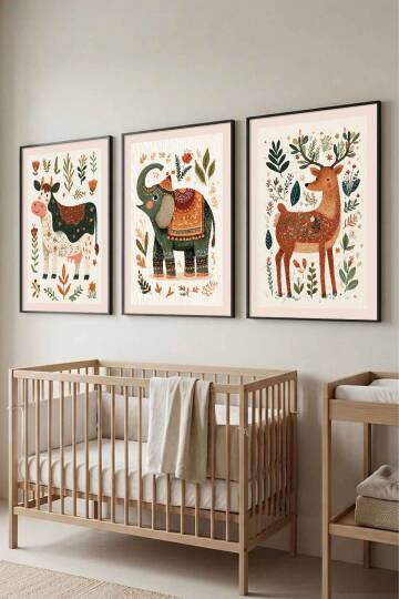 Boho Hayvan Figürlü 3'lü Set Çerçeveli Tablo Bebek ve Çocuk Odası Duvar Dekorasyonu - 5