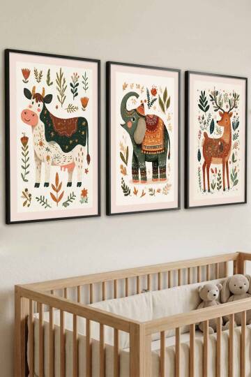 Boho Hayvan Figürlü 3'lü Set Çerçeveli Tablo Bebek ve Çocuk Odası Duvar Dekorasyonu - 4
