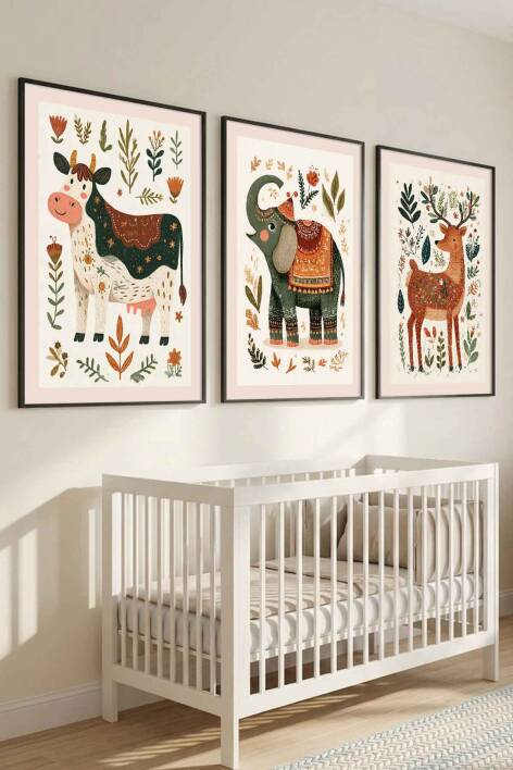 Boho Hayvan Figürlü 3'lü Set Çerçeveli Tablo Bebek ve Çocuk Odası Duvar Dekorasyonu - 6
