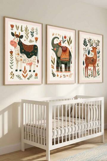 Boho Hayvan Figürlü 3'lü Set Çerçeveli Tablo Bebek ve Çocuk Odası Duvar Dekorasyonu - 3