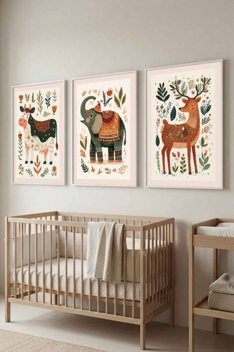 Boho Hayvan Figürlü 3'lü Set Çerçeveli Tablo Bebek ve Çocuk Odası Duvar Dekorasyonu - 9