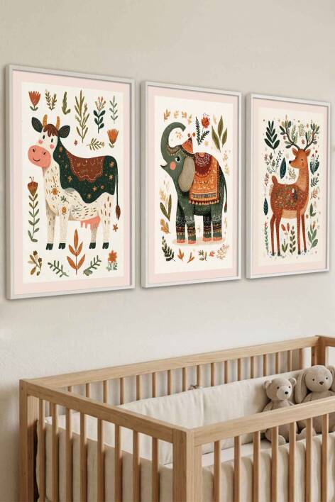 Boho Hayvan Figürlü 3'lü Set Çerçeveli Tablo Bebek ve Çocuk Odası Duvar Dekorasyonu - 8