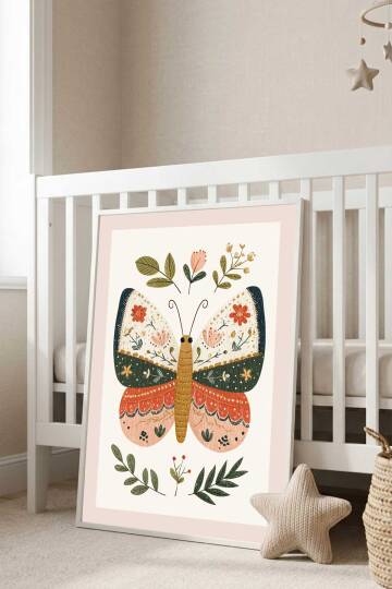 Boho Kelebek ve Çiçekler Çocuk Odası İllüstrasyon Çerçeveli Tablo Bebek Odası Duvar Dekoru Beyaz