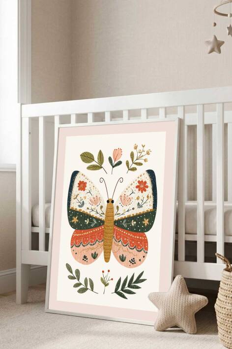 Boho Kelebek ve Çiçekler Çocuk Odası İllüstrasyon Çerçeveli Tablo Bebek Odası Duvar Dekoru - 4