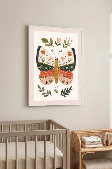 Boho Kelebek ve Çiçekler Çocuk Odası İllüstrasyon Çerçeveli Tablo Bebek Odası Duvar Dekoru - 5