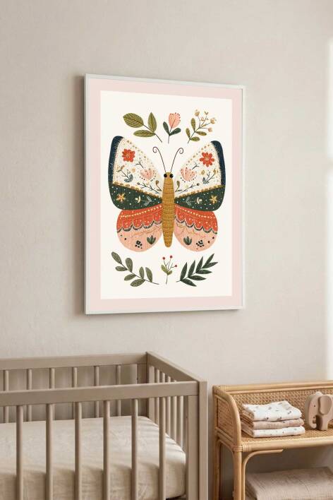 Boho Kelebek ve Çiçekler Çocuk Odası İllüstrasyon Çerçeveli Tablo Bebek Odası Duvar Dekoru - 5