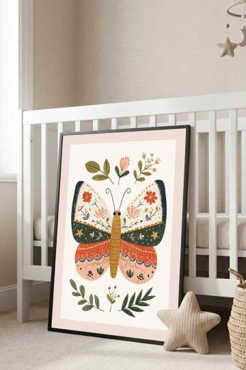 Boho Kelebek ve Çiçekler Çocuk Odası İllüstrasyon Çerçeveli Tablo Bebek Odası Duvar Dekoru Siyah