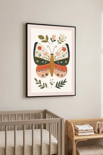 Boho Kelebek ve Çiçekler Çocuk Odası İllüstrasyon Çerçeveli Tablo Bebek Odası Duvar Dekoru - 8