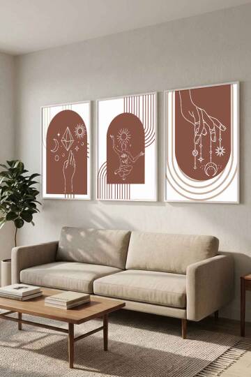 Boho Spiritüel ve Minimalist Geometrik 3'lü Çerçeveli Tablo Seti Salon ve Ofis Dekorasyonu - 9
