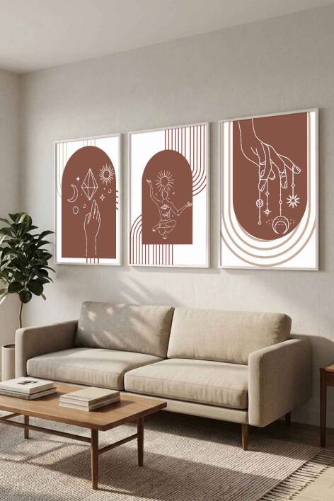 Boho Spiritüel ve Minimalist Geometrik 3'lü Çerçeveli Tablo Seti Salon ve Ofis Dekorasyonu - 9