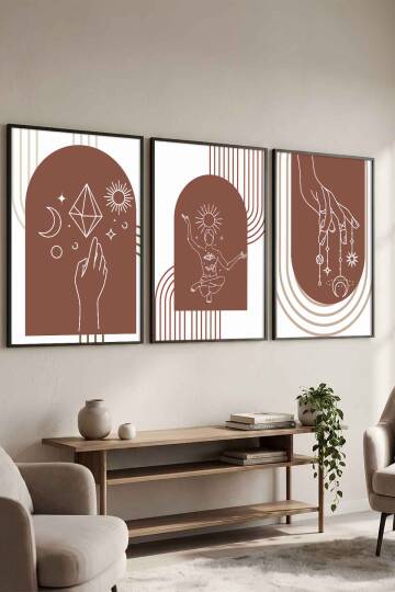 Boho Spiritüel ve Minimalist Geometrik 3'lü Çerçeveli Tablo Seti Salon ve Ofis Dekorasyonu Siyah
