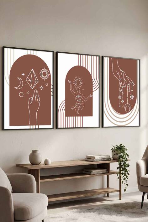 Boho Spiritüel ve Minimalist Geometrik 3'lü Çerçeveli Tablo Seti Salon ve Ofis Dekorasyonu - 4
