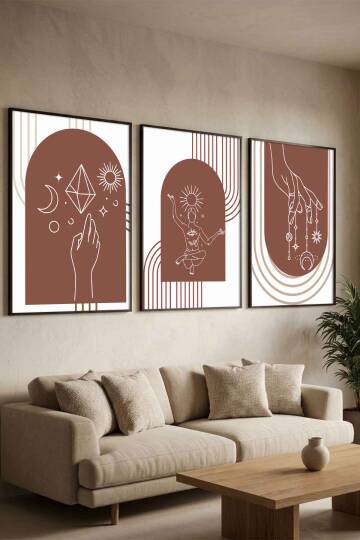 Boho Spiritüel ve Minimalist Geometrik 3'lü Çerçeveli Tablo Seti Salon ve Ofis Dekorasyonu - 5