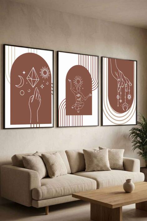 Boho Spiritüel ve Minimalist Geometrik 3'lü Çerçeveli Tablo Seti Salon ve Ofis Dekorasyonu - 5