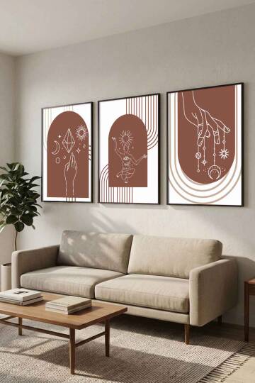 Boho Spiritüel ve Minimalist Geometrik 3'lü Çerçeveli Tablo Seti Salon ve Ofis Dekorasyonu - 6
