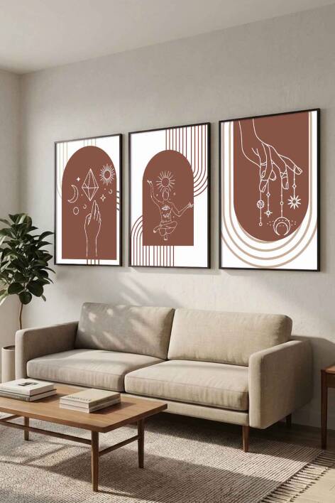 Boho Spiritüel ve Minimalist Geometrik 3'lü Çerçeveli Tablo Seti Salon ve Ofis Dekorasyonu - 6