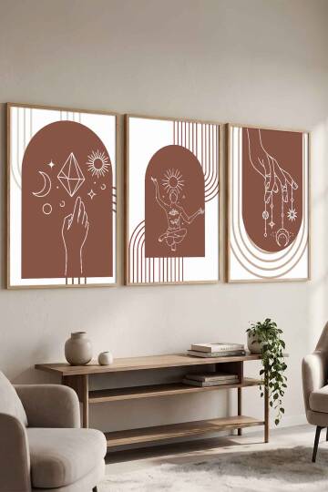 Boho Spiritüel ve Minimalist Geometrik 3'lü Çerçeveli Tablo Seti Salon ve Ofis Dekorasyonu