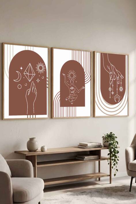Boho Spiritüel ve Minimalist Geometrik 3'lü Çerçeveli Tablo Seti Salon ve Ofis Dekorasyonu - 1