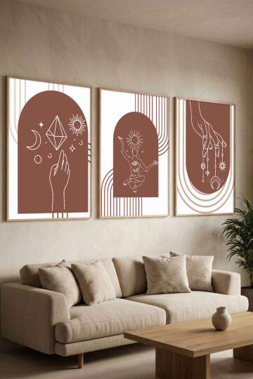 Boho Spiritüel ve Minimalist Geometrik 3'lü Çerçeveli Tablo Seti Salon ve Ofis Dekorasyonu - 2
