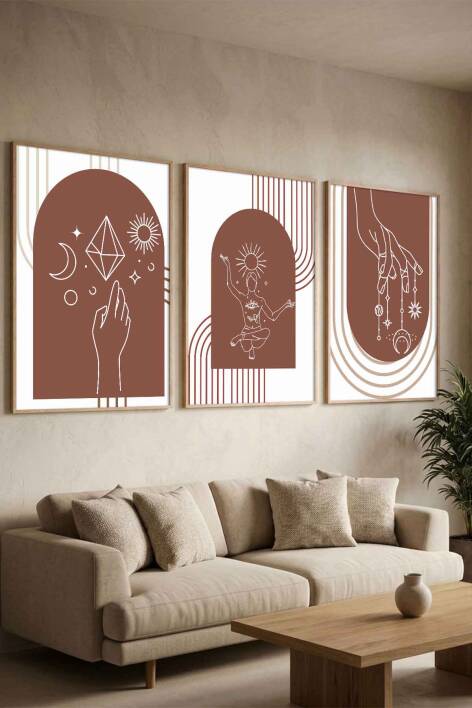 Boho Spiritüel ve Minimalist Geometrik 3'lü Çerçeveli Tablo Seti Salon ve Ofis Dekorasyonu - 2