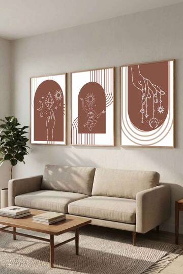 Boho Spiritüel ve Minimalist Geometrik 3'lü Çerçeveli Tablo Seti Salon ve Ofis Dekorasyonu - 3