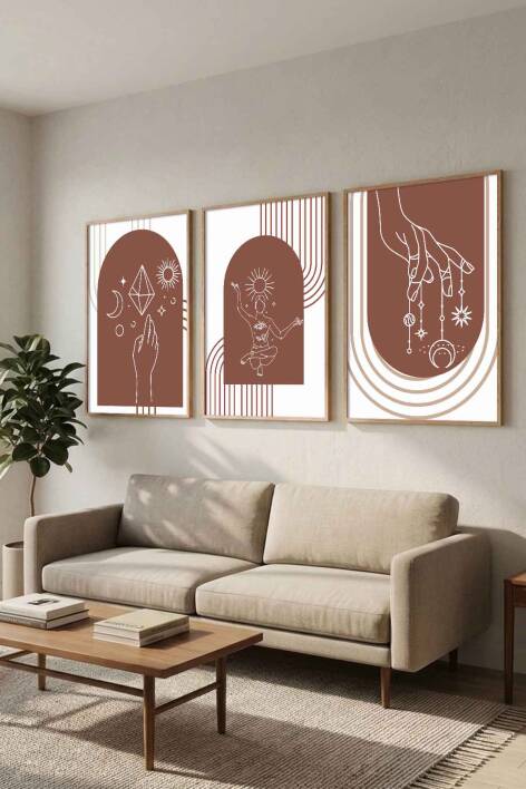 Boho Spiritüel ve Minimalist Geometrik 3'lü Çerçeveli Tablo Seti Salon ve Ofis Dekorasyonu - 3