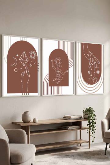 Boho Spiritüel ve Minimalist Geometrik 3'lü Çerçeveli Tablo Seti Salon ve Ofis Dekorasyonu Beyaz