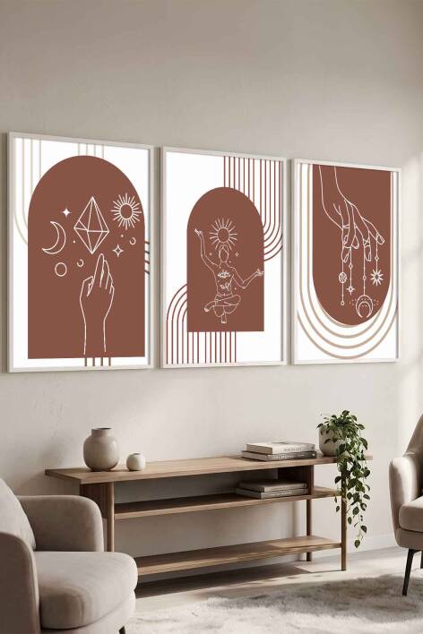 Boho Spiritüel ve Minimalist Geometrik 3'lü Çerçeveli Tablo Seti Salon ve Ofis Dekorasyonu - 7