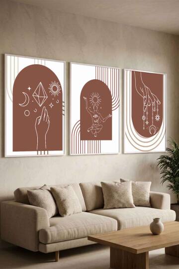Boho Spiritüel ve Minimalist Geometrik 3'lü Çerçeveli Tablo Seti Salon ve Ofis Dekorasyonu - 8