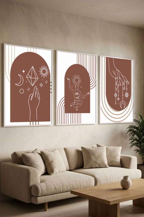 Boho Spiritüel ve Minimalist Geometrik 3'lü Çerçeveli Tablo Seti Salon ve Ofis Dekorasyonu - 8