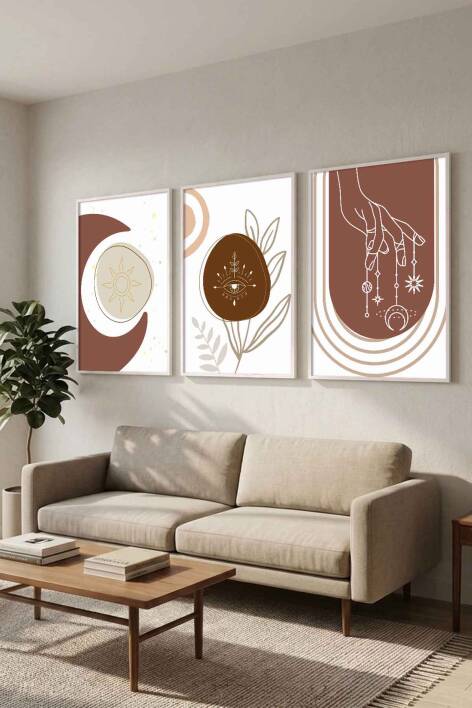 Boho Tasarım 3'lü Set Mistik Temalı Çerçeveli Tablo Salon ve Yatak Odası Dekorasyonu - 4