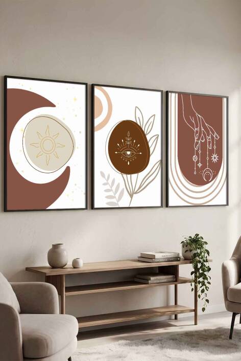 Boho Tasarım 3'lü Set Mistik Temalı Çerçeveli Tablo Salon ve Yatak Odası Dekorasyonu - 5