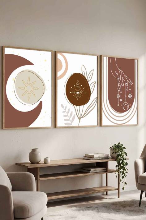 Boho Tasarım 3'lü Set Mistik Temalı Çerçeveli Tablo Salon ve Yatak Odası Dekorasyonu - 1
