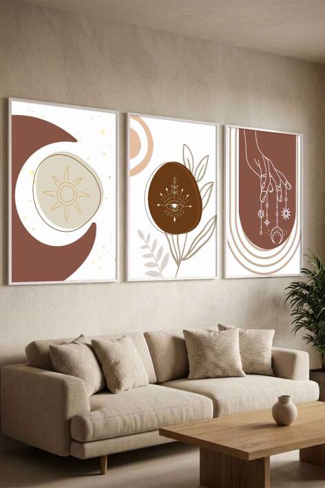 Boho Tasarım 3'lü Set Mistik Temalı Çerçeveli Tablo Salon ve Yatak Odası Dekorasyonu - 9