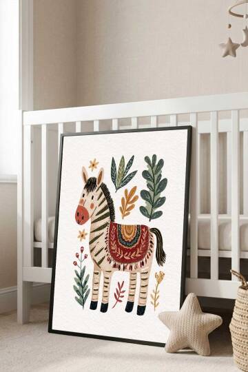 Boho Zebra İllüstrasyonlu Çerçeveli Tablo Bebek ve Çocuk Odası Dekorasyonu Siyah