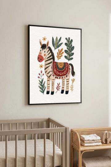 Boho Zebra İllüstrasyonlu Çerçeveli Tablo Bebek ve Çocuk Odası Dekorasyonu - 5