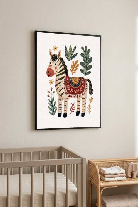 Boho Zebra İllüstrasyonlu Çerçeveli Tablo Bebek ve Çocuk Odası Dekorasyonu - 5