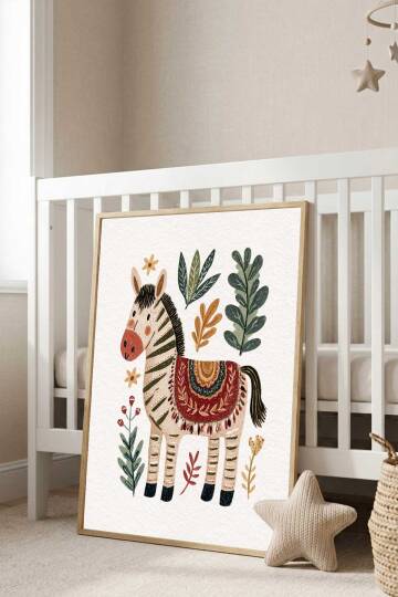Boho Zebra İllüstrasyonlu Çerçeveli Tablo Bebek ve Çocuk Odası Dekorasyonu