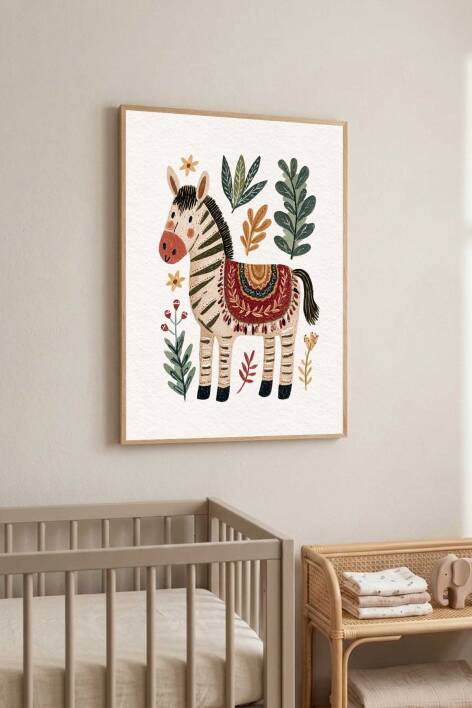 Boho Zebra İllüstrasyonlu Çerçeveli Tablo Bebek ve Çocuk Odası Dekorasyonu - 2