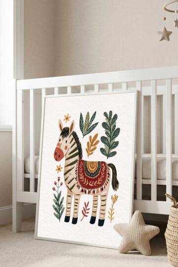 Boho Zebra İllüstrasyonlu Çerçeveli Tablo Bebek ve Çocuk Odası Dekorasyonu Beyaz