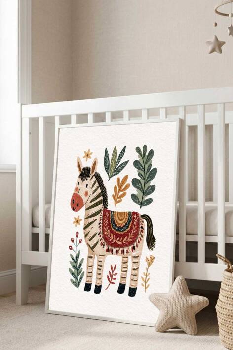 Boho Zebra İllüstrasyonlu Çerçeveli Tablo Bebek ve Çocuk Odası Dekorasyonu - 7