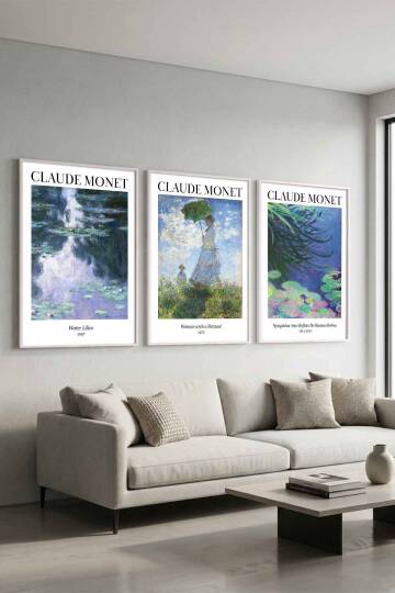 Claude Monet 3'lü Set Empresyonist Sanat Ünlü Eserler Serisi Çerçeveli Tablo Salon ve Ofis Duvar Dekorasyonu - 6