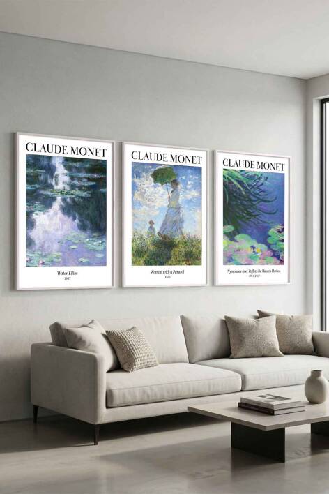 Claude Monet 3'lü Set Empresyonist Sanat Ünlü Eserler Serisi Çerçeveli Tablo Salon ve Ofis Duvar Dekorasyonu - 6