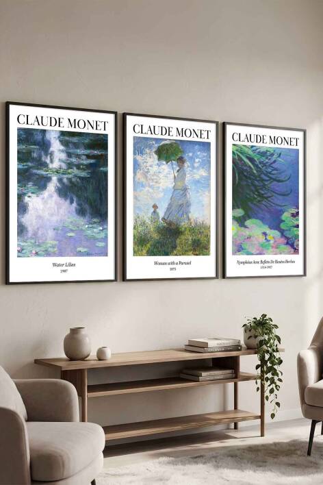 Claude Monet 3'lü Set Empresyonist Sanat Ünlü Eserler Serisi Çerçeveli Tablo Salon ve Ofis Duvar Dekorasyonu - 7