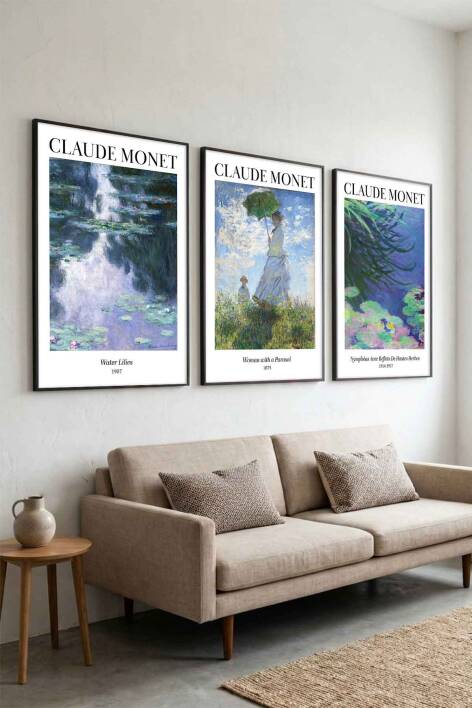 Claude Monet 3'lü Set Empresyonist Sanat Ünlü Eserler Serisi Çerçeveli Tablo Salon ve Ofis Duvar Dekorasyonu - 8
