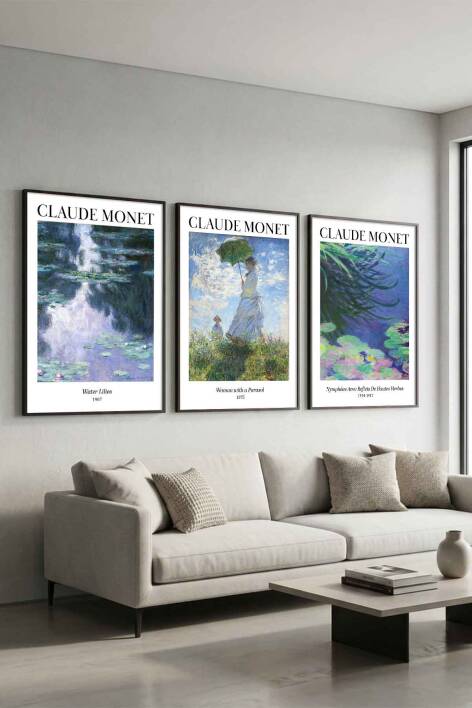 Claude Monet 3'lü Set Empresyonist Sanat Ünlü Eserler Serisi Çerçeveli Tablo Salon ve Ofis Duvar Dekorasyonu - 9