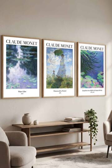 Claude Monet 3'lü Set Empresyonist Sanat Ünlü Eserler Serisi Çerçeveli Tablo Salon ve Ofis Duvar Dekorasyonu Doğal Ahşap